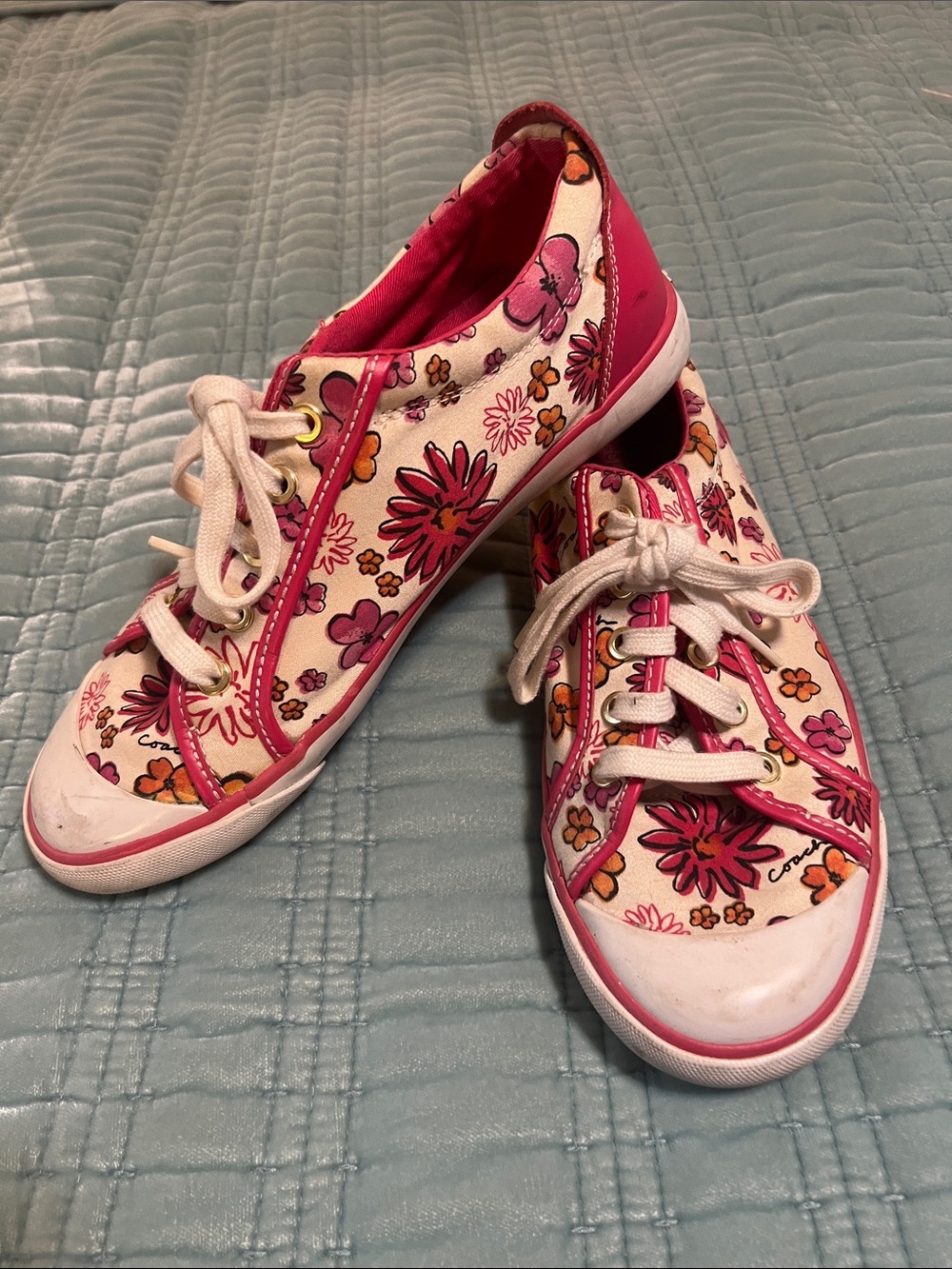 Coach Pink and Orange Floral Canvas Lace-Up Sneakers